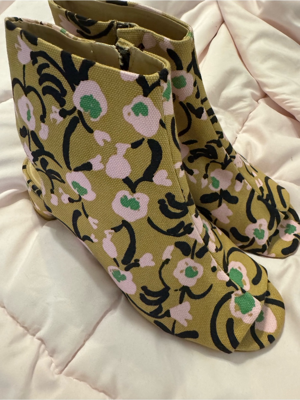 Marimekko Olive, Pink & Black Floral Canvas Peep-Toe Booties - Picture 2 of 9